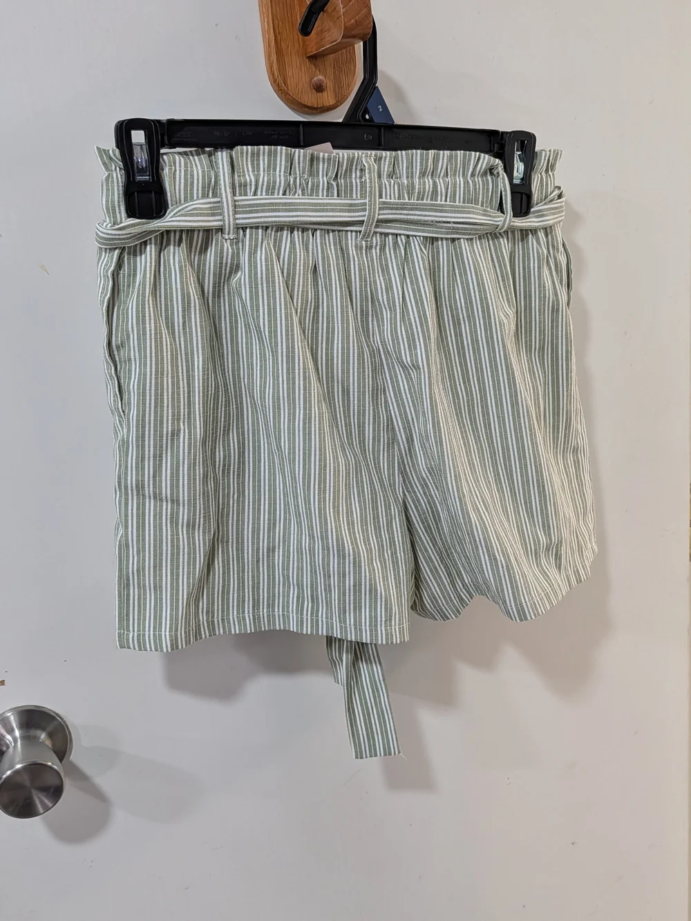 Francesca's Collections Sage and White Striped Paperbag Waist Shorts with Tie